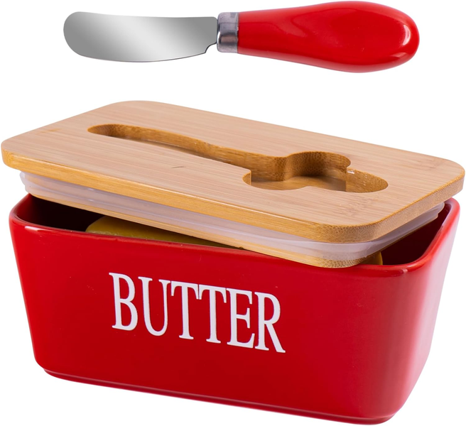 Ceramic Butter Dish with Bamboo Protective Lid &amp; Butter Knife
