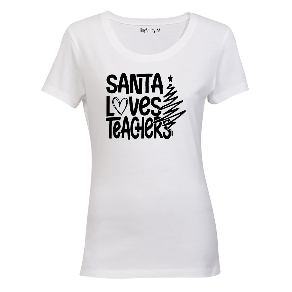Santa loves teachers christmas ladies t shirt shop today get