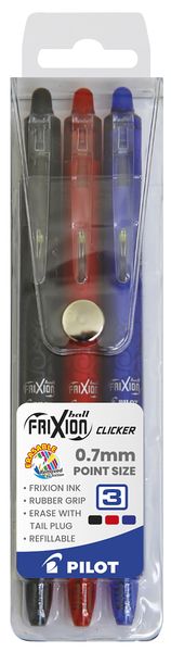 Pilot Frixion Ball Clicker Erasable Medium Rollerball Pens - Wallet of 3 Basic Colours