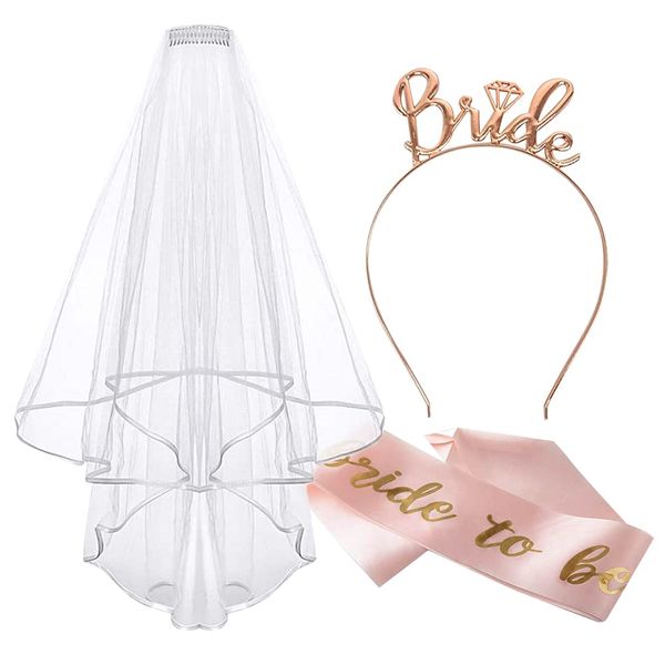 Bachelorette Party Bride Kit - Veil, "Bride" Headband &amp; "Bride to Be" Sash