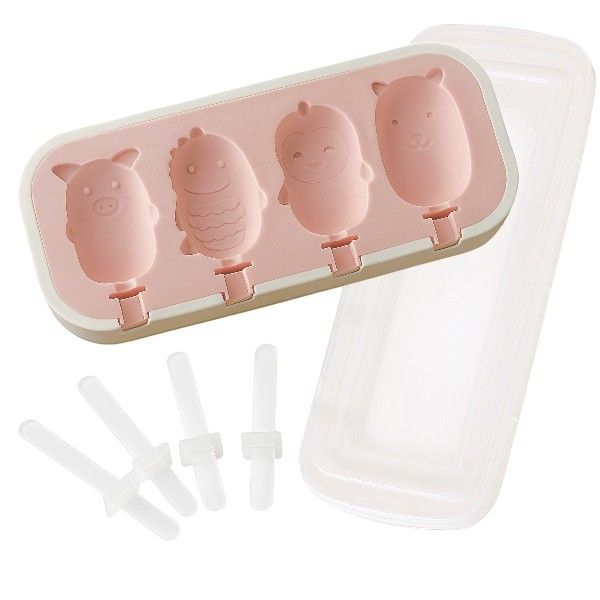 Cute Animal Shaped Ice lollie Mould With Lid &amp; Reusable Lollie Sticks -Pink