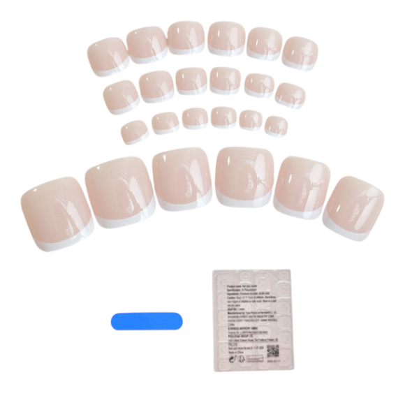 24pcs Short Square French Tip Press-On Toenail Set - Nude/White