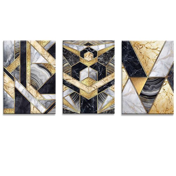 Canvas-Art-3 Pieces Geometric Black &amp; Gold White Marble Abstract Wall Art