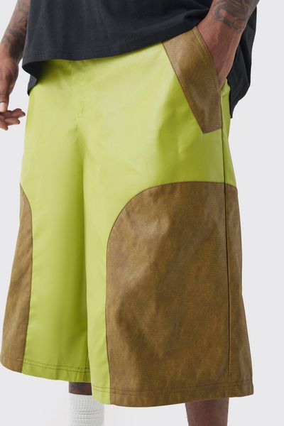 boohooMAN - Men's Plus Size Fixed Waist PU Colour Block Jort Shorts - Green