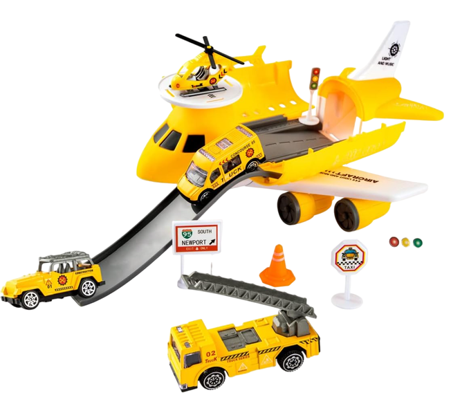 Yellow Transport Cargo Airplane Car Toy Play Set - Engineering Scene