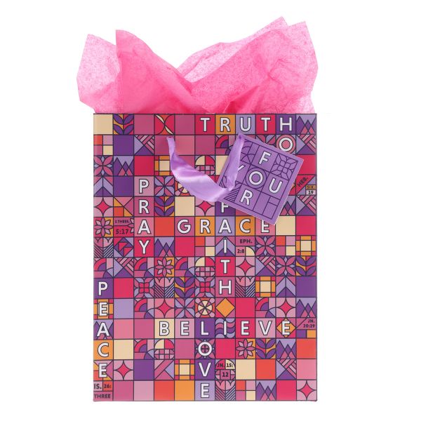 Medium Gift Bag with Gift Tag - Crossword, Pink and Purple