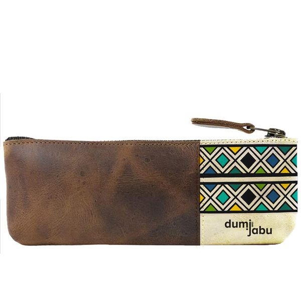 Genuine Leather Ndebele Inspired Pencil Bag | Orange squares