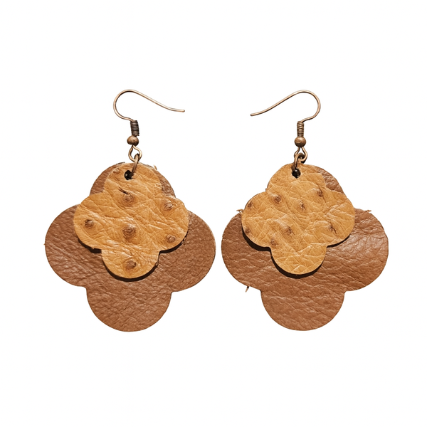 Croska Cow Hide and Ostrich Leather Earrings - Flower Shape - Congo Tabak