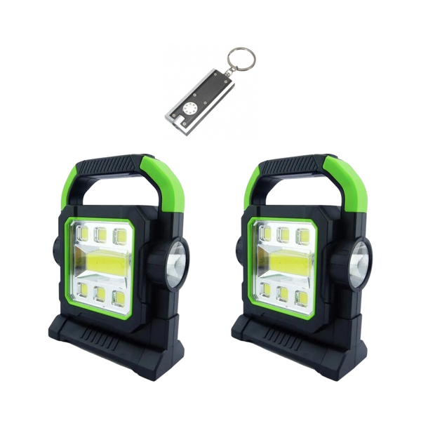 Solar Powered &amp; USB Rechargeable Work Light with LED Keyring Torch - 2 Pack