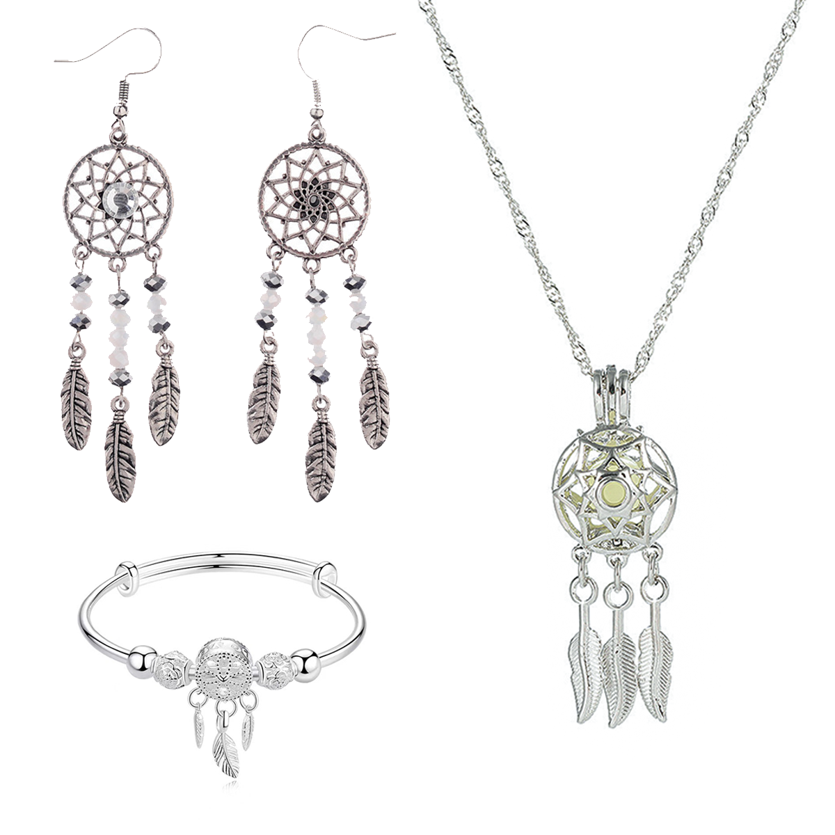 Dream Catcher Jewelry Pendant Necklace Earrings Set Retro Silver 3