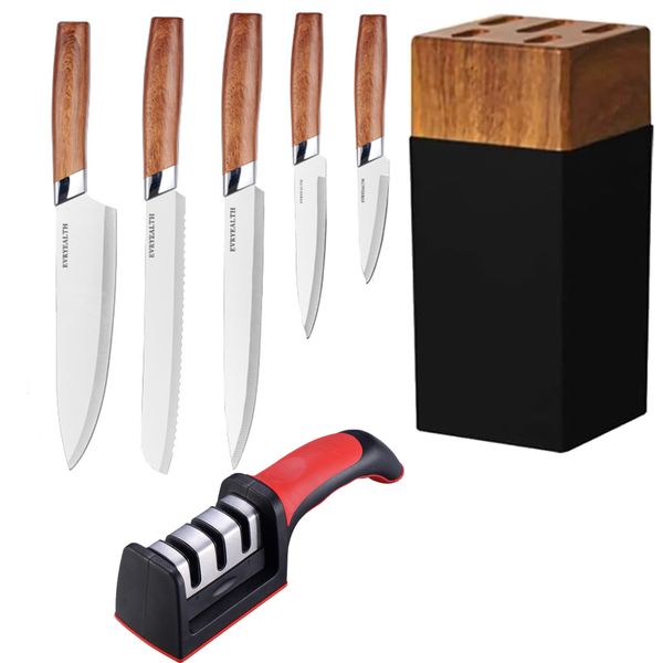 7 PCS Kitchen Knife Set With Block, Stainless Steel Blades Knife sharpener