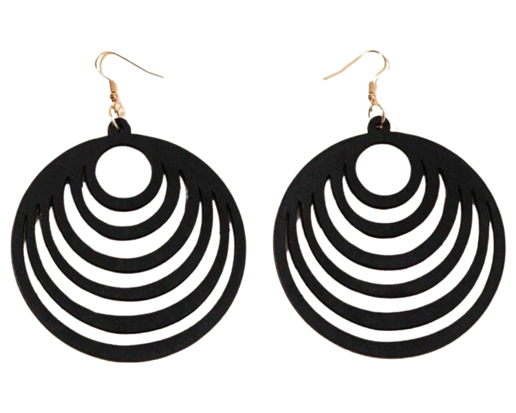 Black Wooden Out Round Drop Earrings