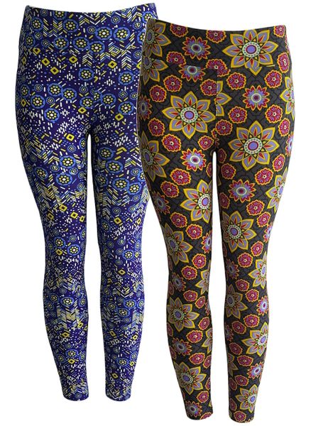 LulaRoe Blue Geo &amp; Yellow Floral Print Full Leggings - 2 Pack - S/M