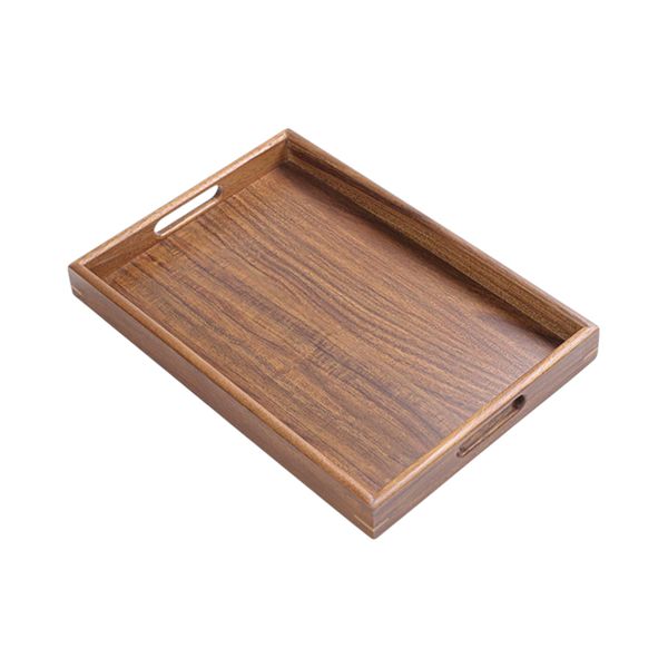 Rectangular Wooden Serving Tray with Cutout Handles - Brown