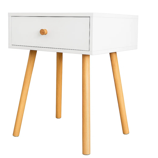 Single Drawer Rectangular Bedside Wooden White Table for Bedroom Storage