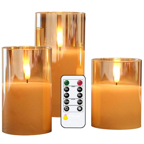 Stellar Lighting Gold Glass Flameless LED Pillar Candles w/ Remote Set of 3