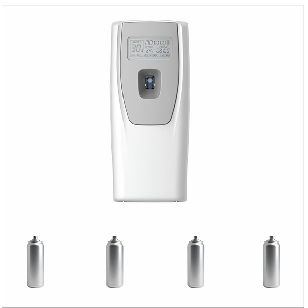 White Programmable Automatic Air Freshener with 4 x 100ml Aerosol Cans
