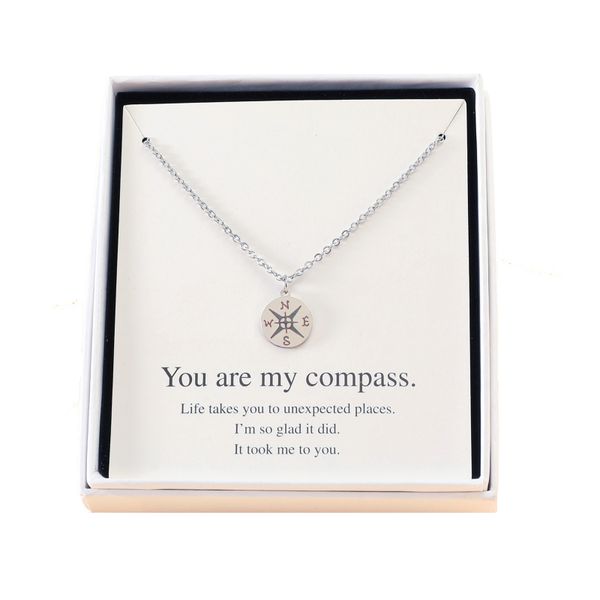 Laser Lettering Compass Boxed Pendant Necklace