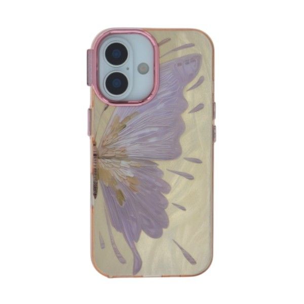 Gold Case With Oil Painting Butterfly &amp; Pink Rim - Compatible With iPhone