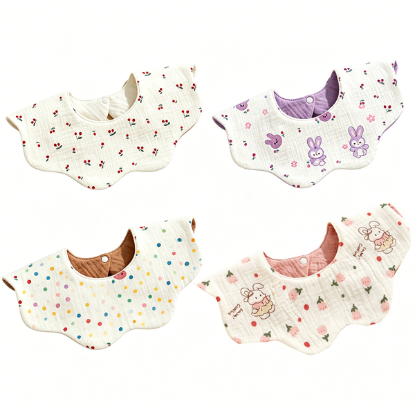 4-Pack Cotton Muslin Baby Bibs - Soft Absorbent Reversible Feeding Bibs