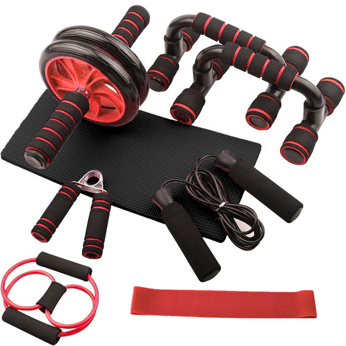 Fitness Set Abs Wheel Push-Up Bar Hand Gripper Jump Rope Knee Pad and Band