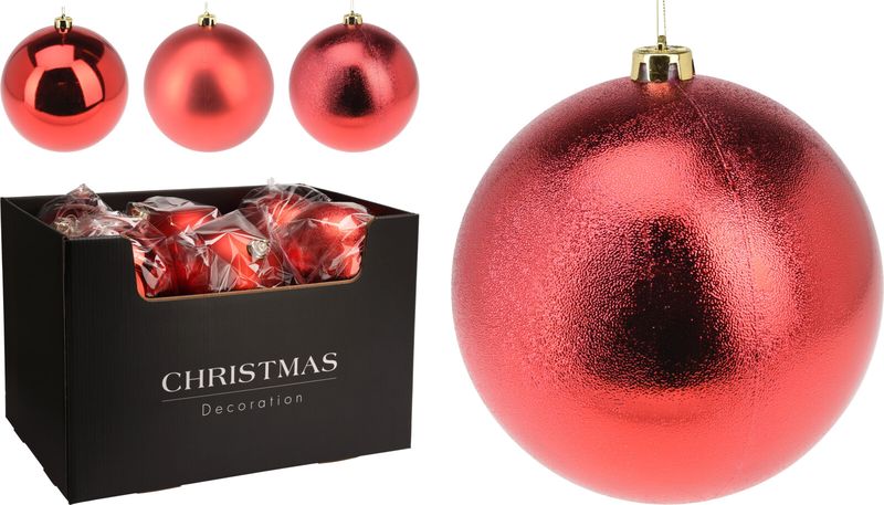 12PC Oversized Red Christmas Baubles - 3 Finishes, 14cm