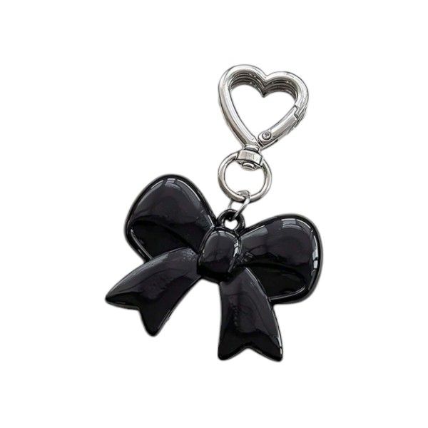 Charming Heart Shaped Keychain With Resin Bowknot Charm - Black & Silver