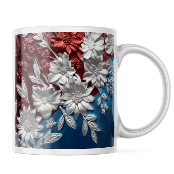 Ceramic 3D Red and Blue Flower Mug - White - 11 OZ