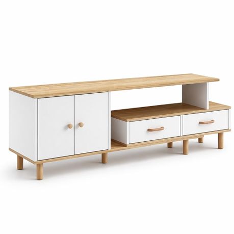 130cm-210cm Extendable Wooden TV Stand Nordic Media Console - Oak & White Image