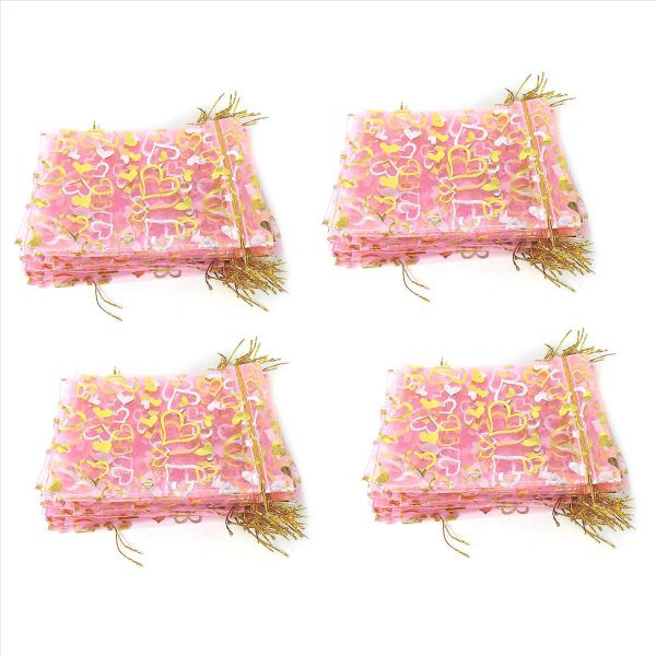 100 Pcs 9X12Cm Heart Printed Pink Organza Bags