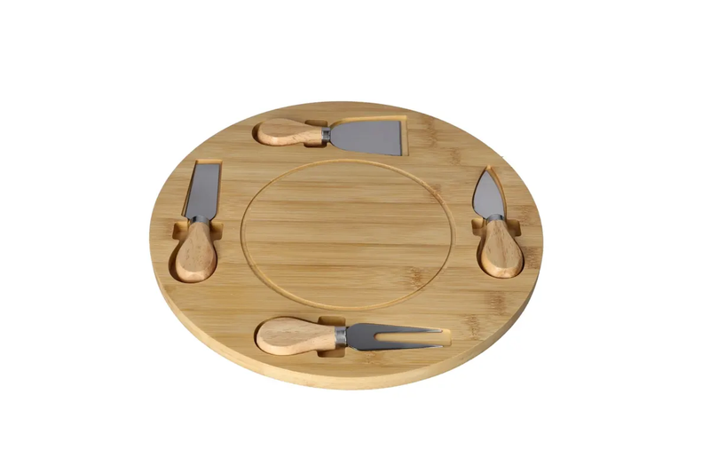 Round Bamboo Cheese Serving &amp; Cutting Board Set 29.8cm 5 Piece