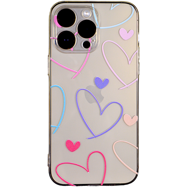 Clear - Phone Case with Multi Colour Herats Print - Iphone 15 Pro Max