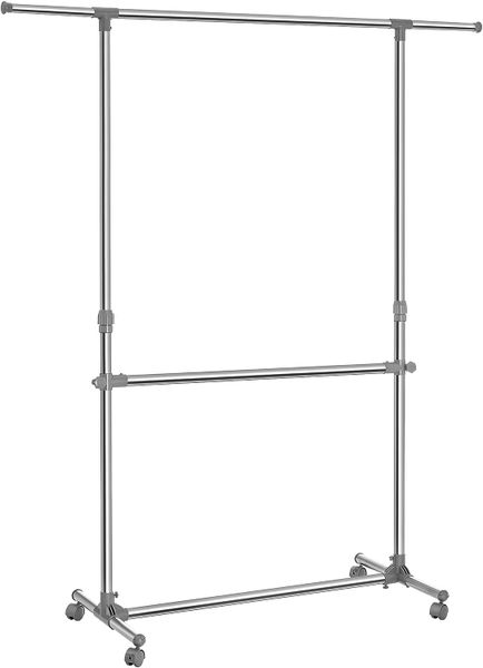 Double Clothing Rack with Wheels - Extendable Rail for Extra Storage