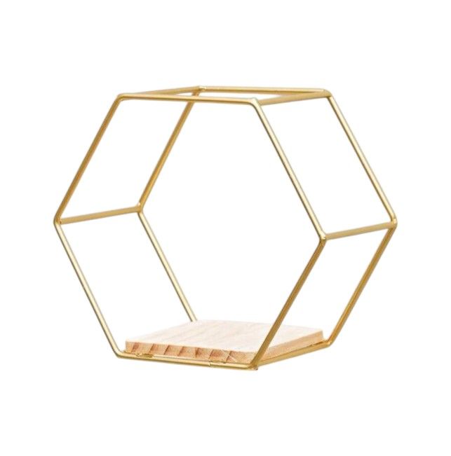 Gold Stainless Steel Wall Mounted Shelf With Wooden Base - Hexagon