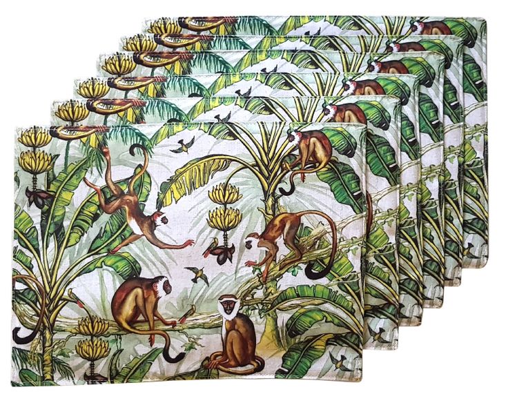 Vintage Monkeys &amp; Bananas Animal Fabric Placemats 40x30cm - Set of 6