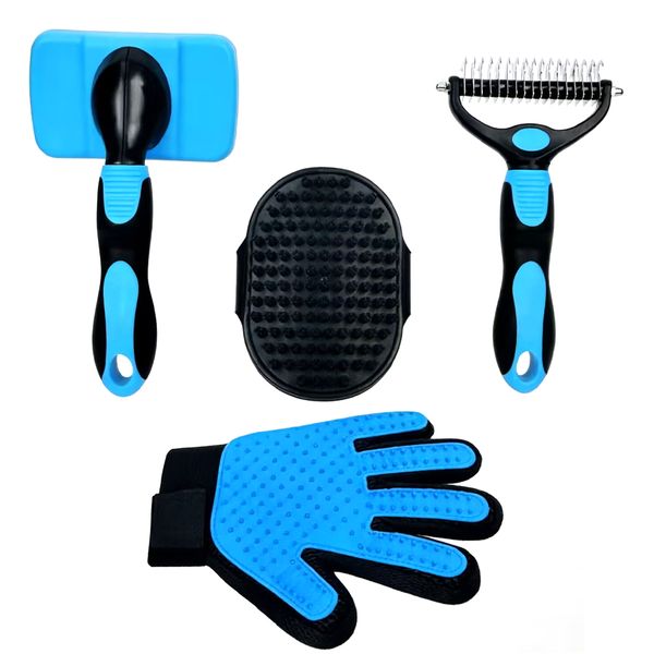 4-in-1 Pet Grooming Kit for Dogs, Cats - Brush Comb Glove Blue