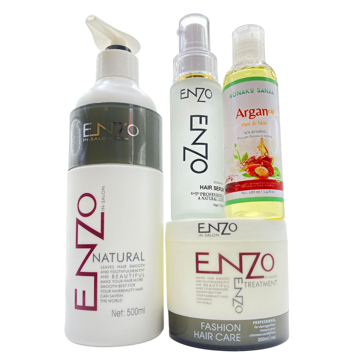 Enzo Shampoo, Hair Mask, Hair Serum And Runako Sanaa Argan Oil