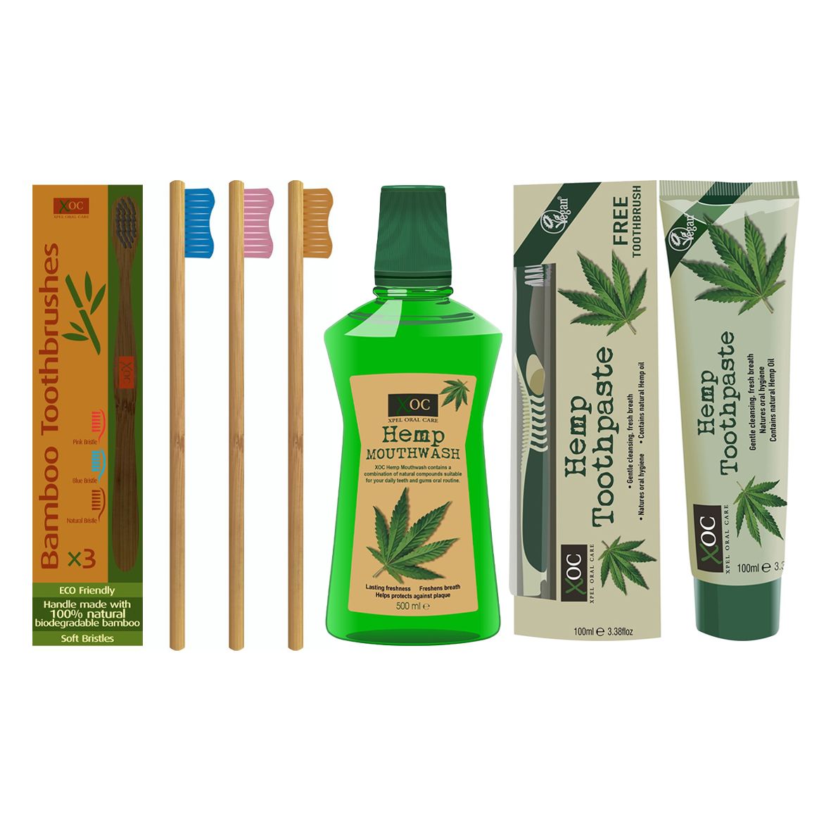 Xpel Oral Care Bamboo brush, Hemp Oil Mouthwash & Organic Hemp