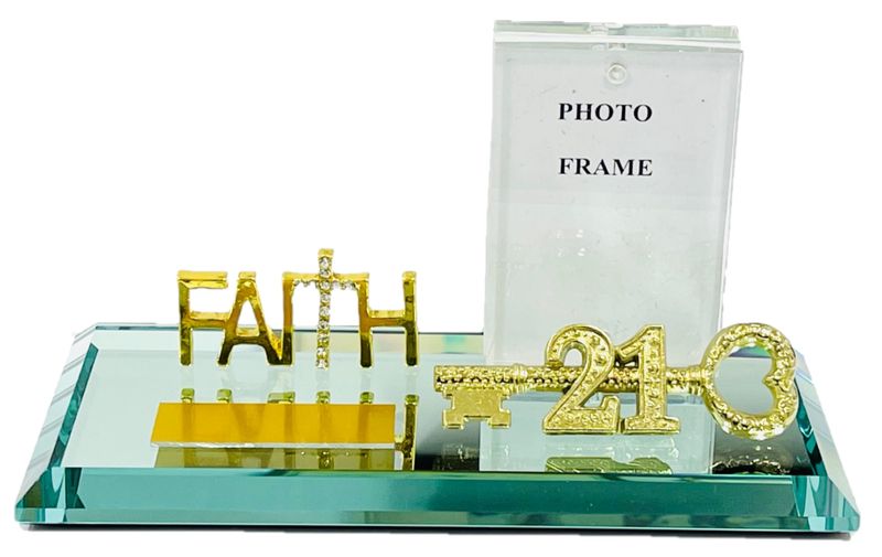 21st key Gold Faith with Diamante Cross on a Mirror Base with Frame