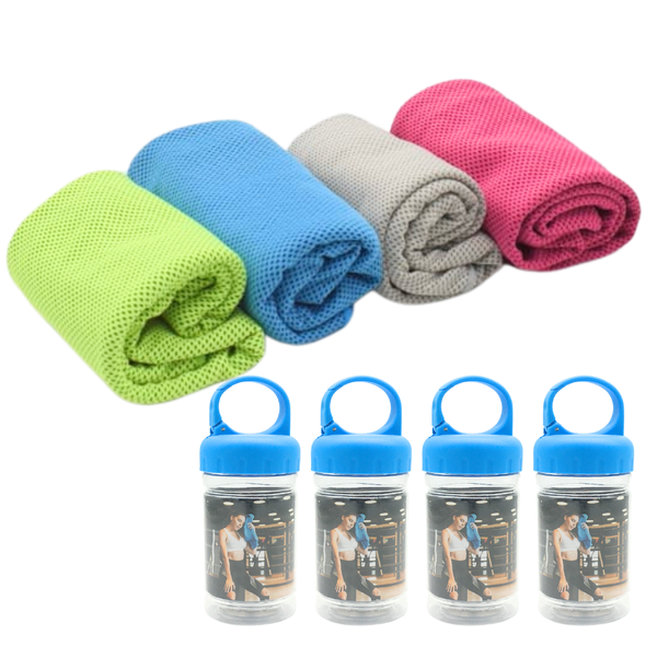 4 Pack Instant Cooling Towels with Carry Bottles for Sports &amp; Outdoor Use