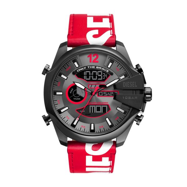 Diesel Mega Chief Mens Red and White Leather Strap Watch-DZ4647