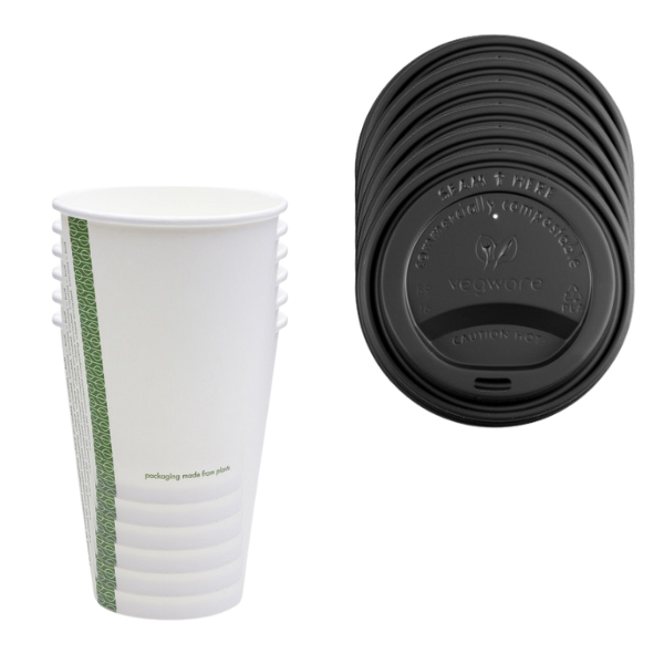 Vegware White Cups with Black Lids 8oz