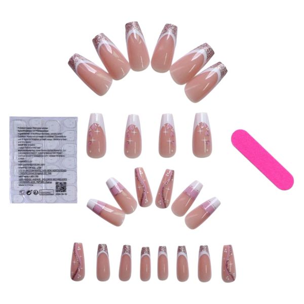 24Pcs Long Coffin Glossy Glitter Design Press-On Nails - Pink/White