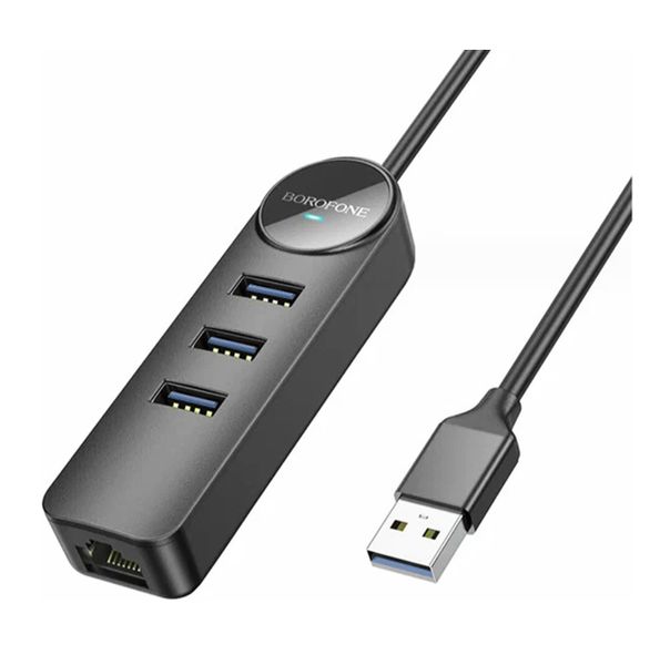 Borofone 4 in 1 Portable Converter USB to USB 3.0 x 3 RJ45 - Black - DH6