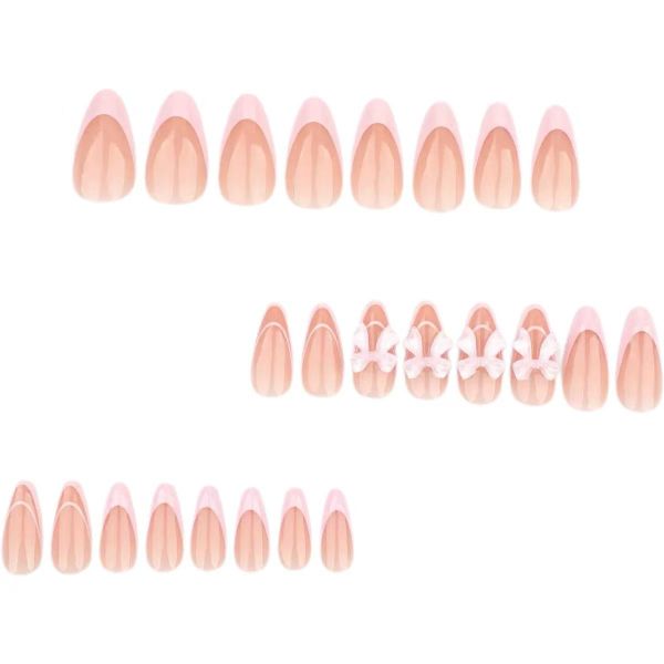 Sweet French Pink Almond Nail Art With Translucent 3D Bow False Nails