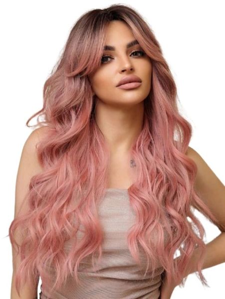Pink Long Curly Wig With Fringe