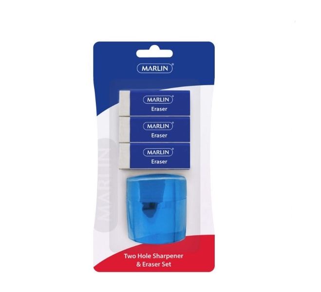 Marlin - 2 Hole Sharpener with Container + 3 Eraser Set (Pack Of 12)