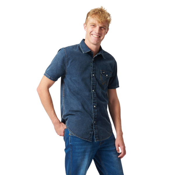 Wrangler Men's Short Sleeve Denim Shirt in Stonewash Blue