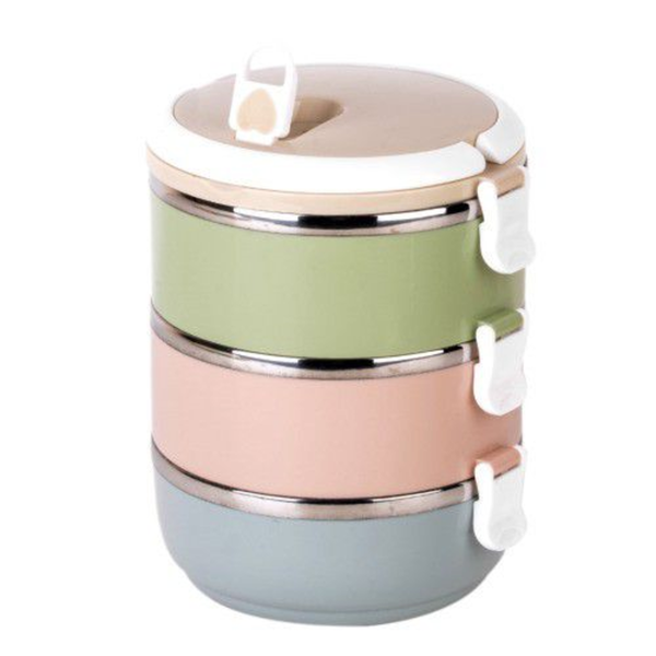 3 Layer Stainless Steel Round Thermal Lunch Box - Multicolor