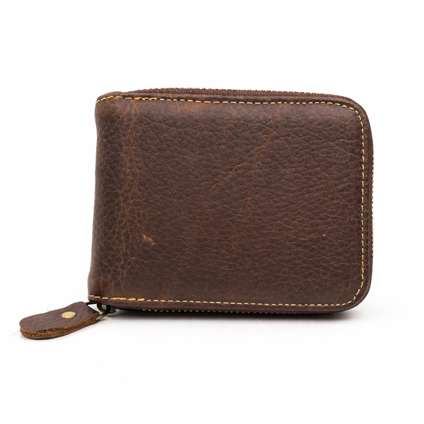 Men's Genuine Leather Zip Wallet - Compact Bifold Card and Coin Holder